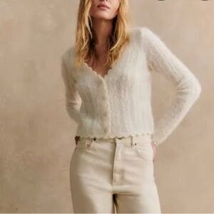 Sezane Cream Scalloped Mohair-Blend Cardigan
